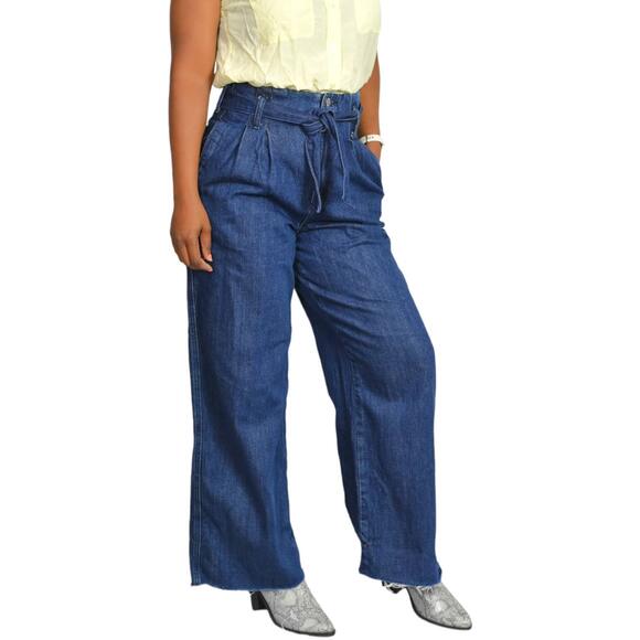 Zara Trouser Jeans Paperbag Waist Belted High Rise Pleated Wide Leg Flare Size 2 - Picture 9 of 15